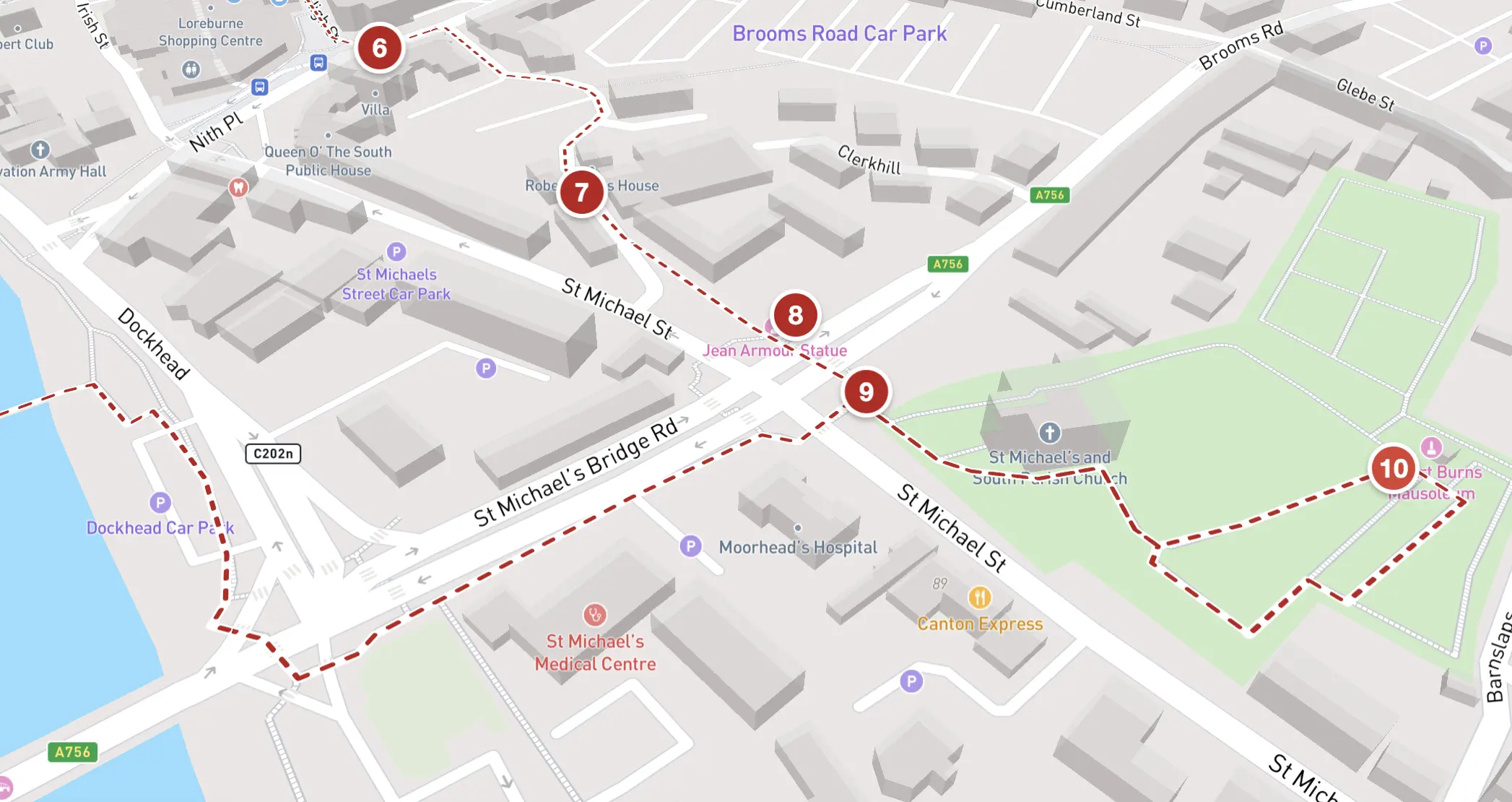 Robert Burns Trail map of Dumfries town centre