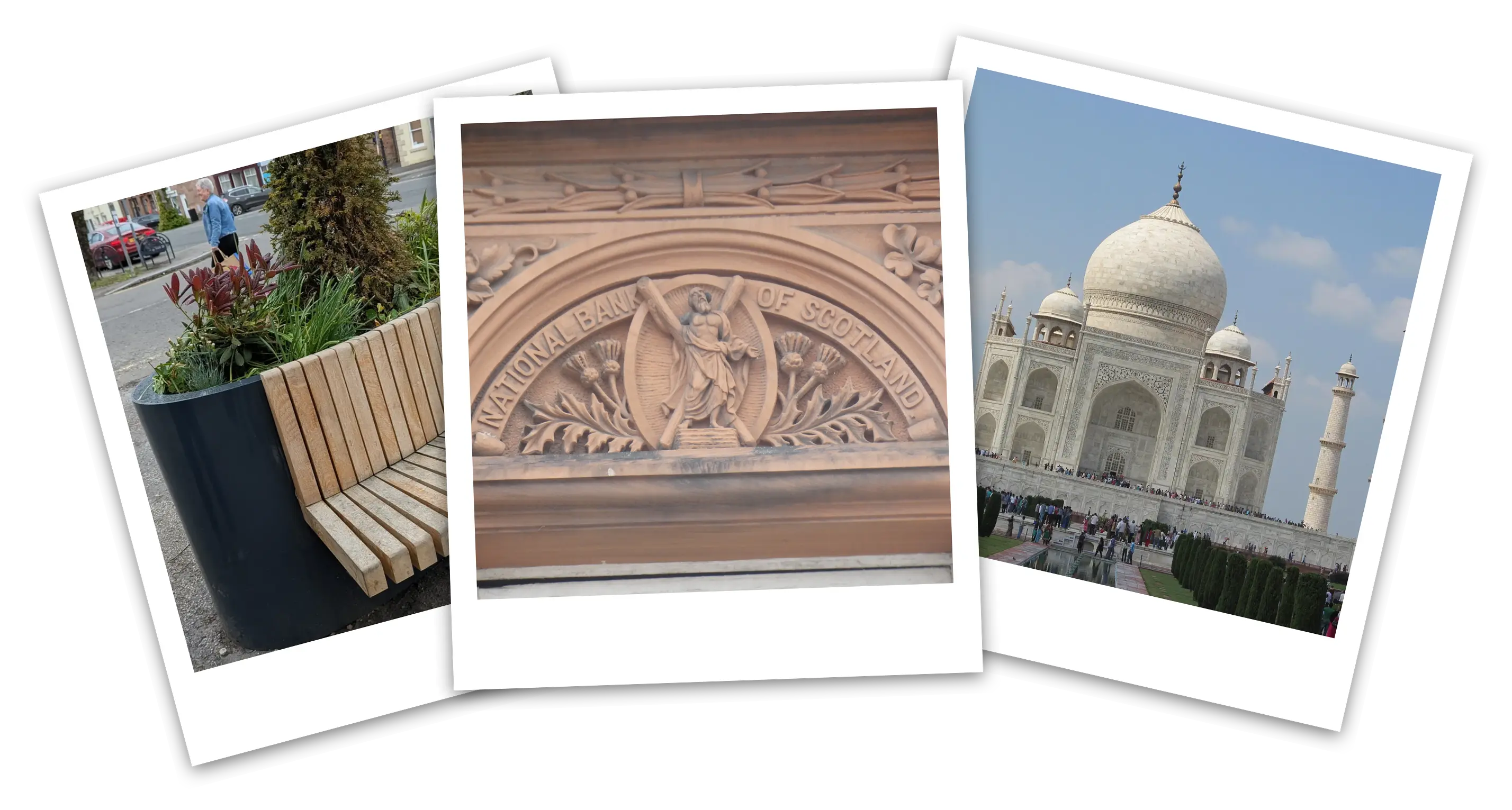 Three photo prints fanned out — some taken in Dumfries, some not.