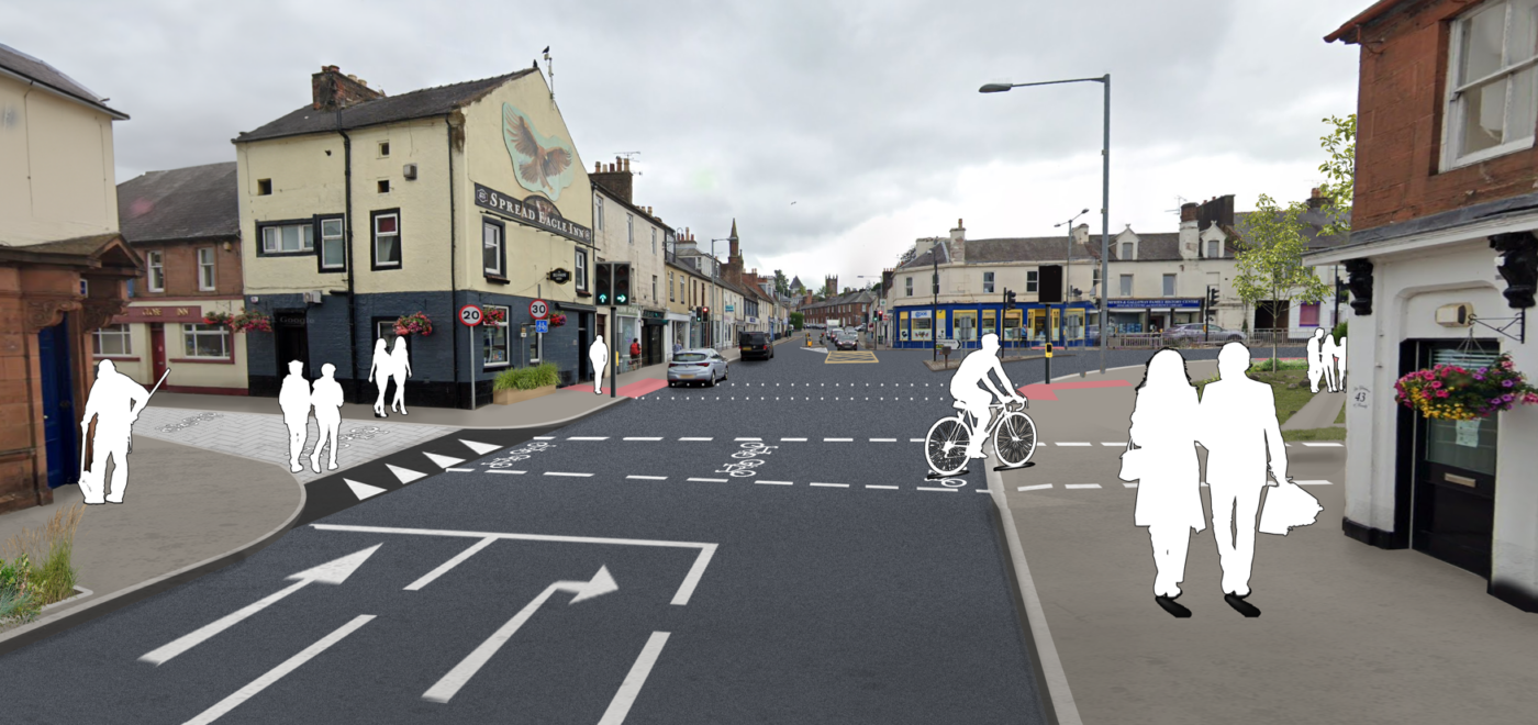 A visualisation of new road crossings from College Road to Market Square at the busy Galloway Street / Glasgow Road junction.