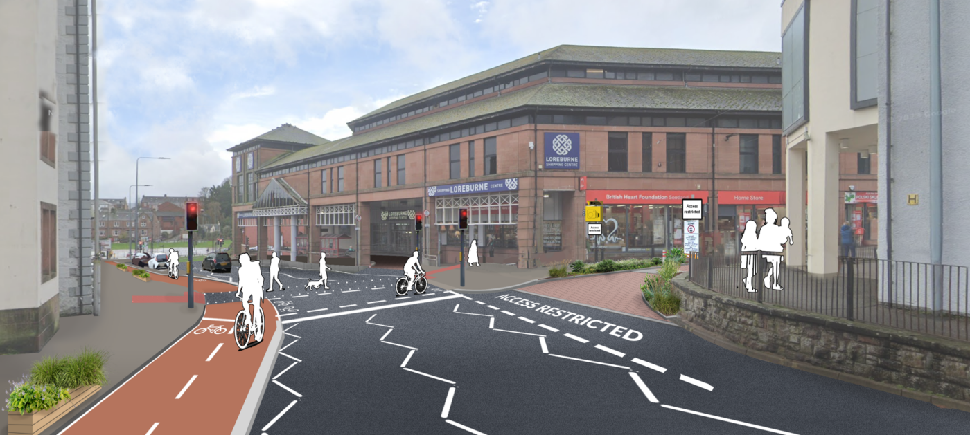 A visualisation of a new road crossing, wider pavements and a cycle lane on Shakespeare Street